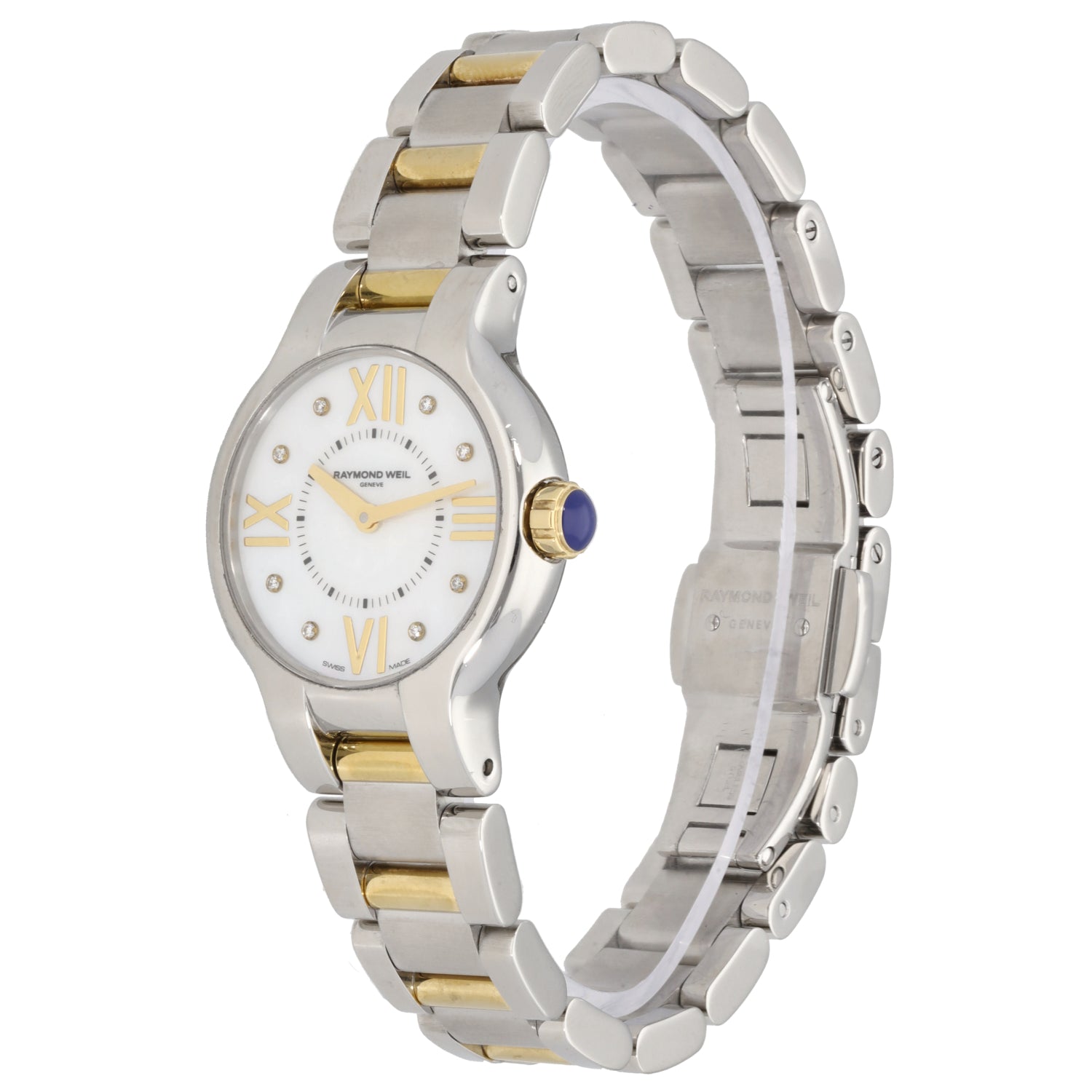 Raymond Weil Noemia 5927 Bi-colour metal wristwatch with white face and gold-tone bezel accents, side view