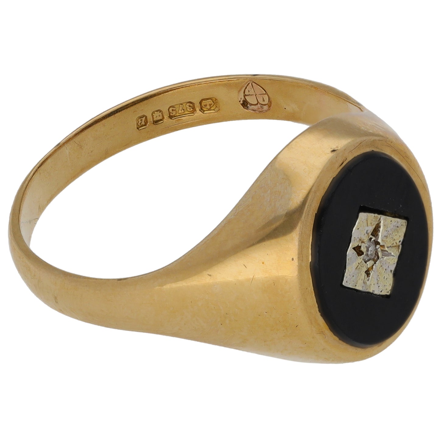 9ct Gold 0.01ct Diamond & Onyx Crest/Emblem Signet Ring Size U