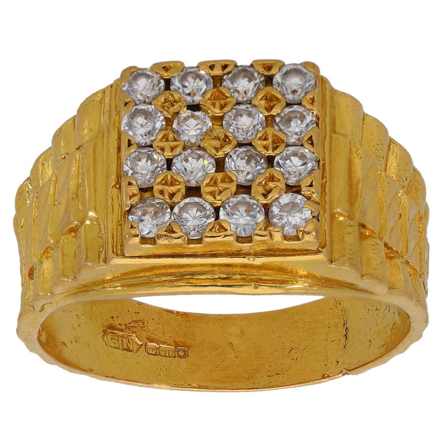 22ct Gold Cubic Zirconia Patterned Signet Ring Size R