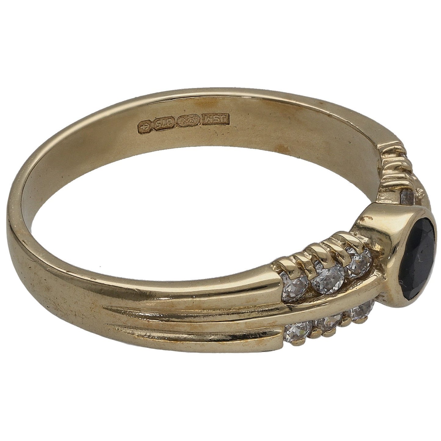 9ct Gold Sapphire & Cubic Zirconia Single Stone Ring With Accents Size P