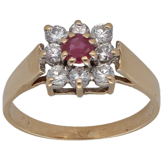 9ct Gold Ruby & Cubic Zirconia Cluster Ring Size P