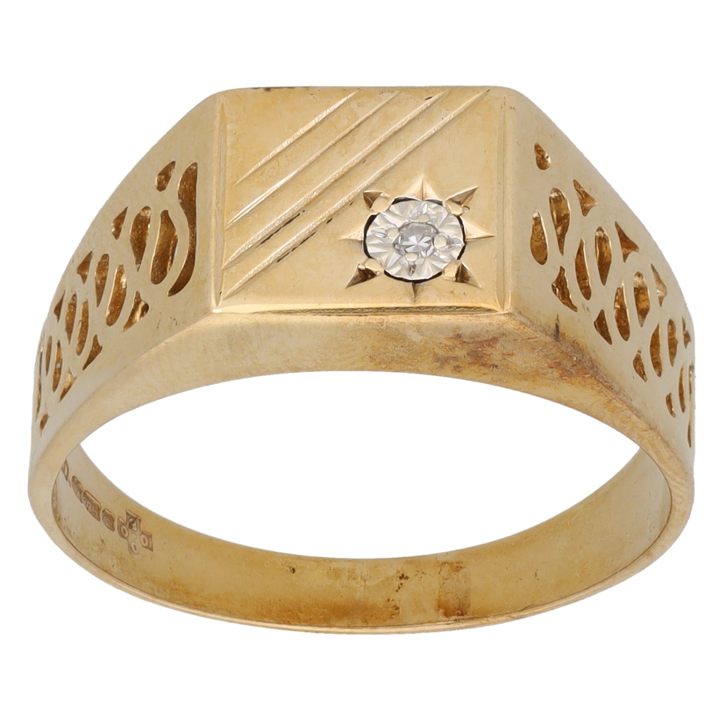 9ct Gold 0.01ct Diamond Patterned Signet Ring Size S