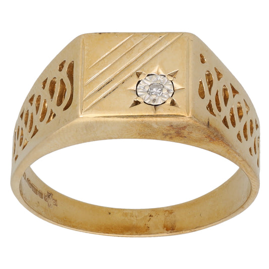 9ct Gold 0.01ct Diamond Patterned Signet Ring Size S