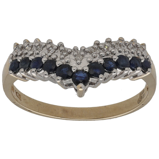 9ct Gold Sapphire & 0.055ct Diamond Wishbone Ring Size O