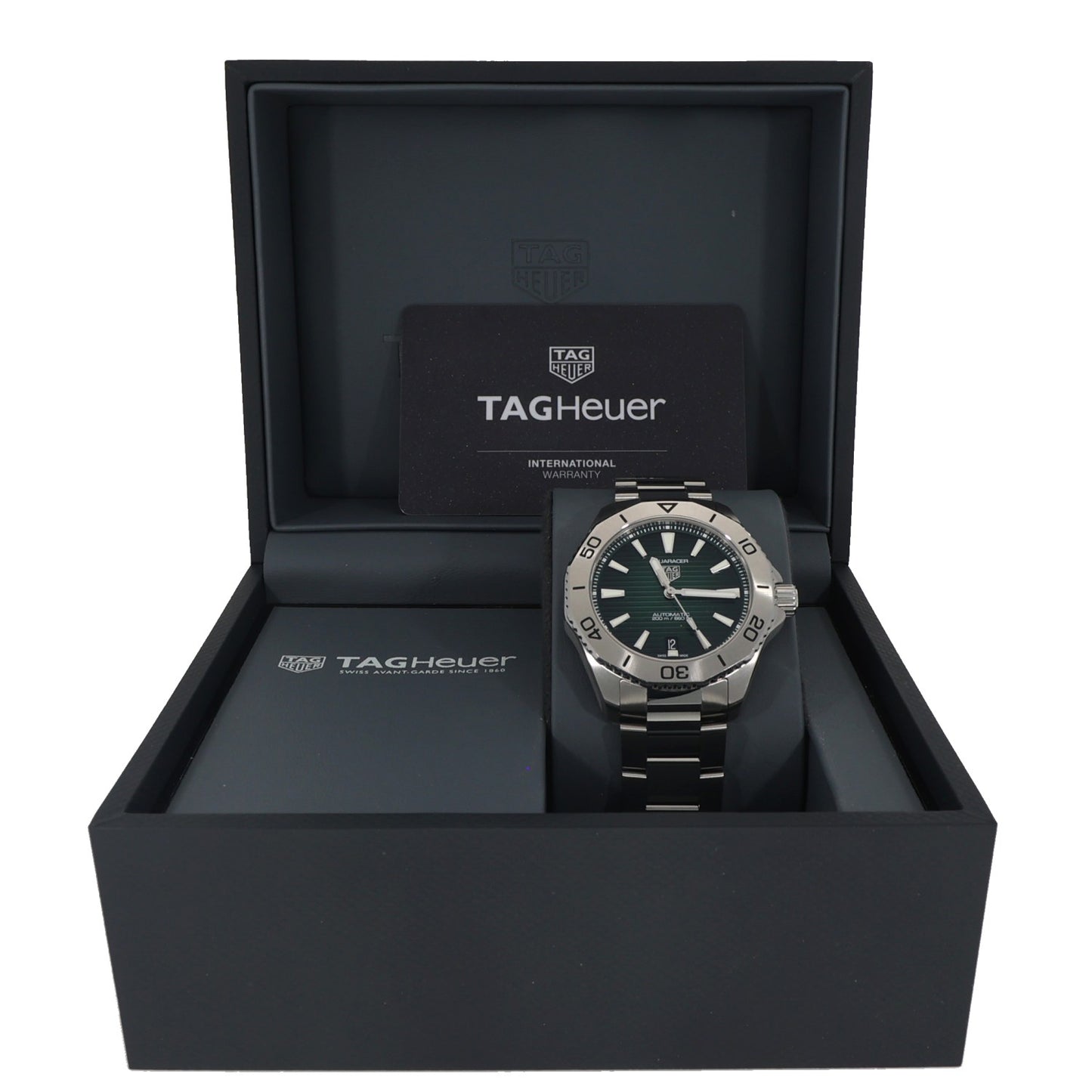 Tag Heuer Aquaracer WBP2115, dark green dial in a stanless steel case, with a stainless steel link bracelet, in the watch box