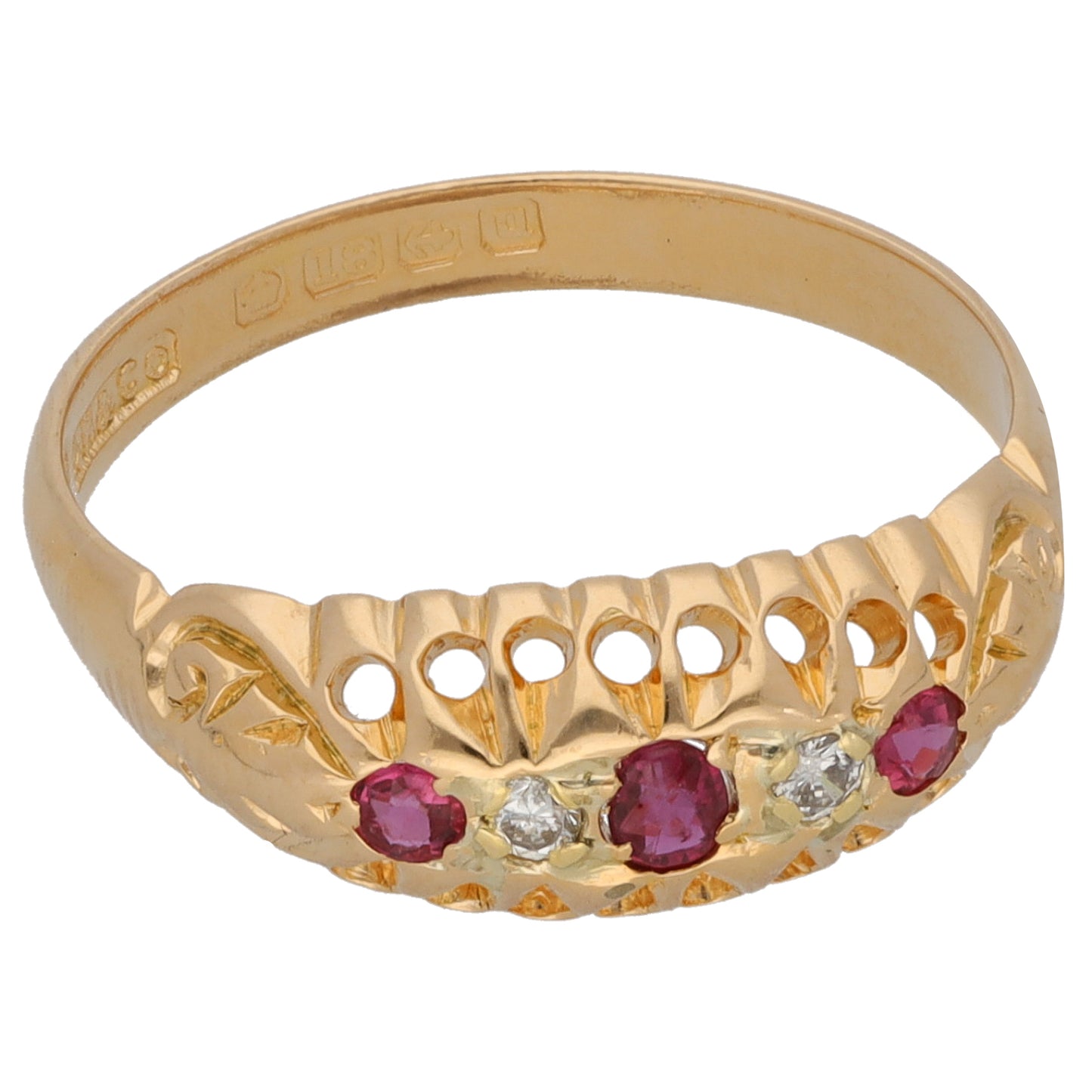 18ct Gold Ruby & 0.04ct Diamond A&V Stone Set Ring Size N