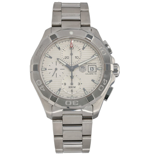Tag Heuer Aquaracer CAY2111 Stainless steel chronograph watch with silver dial, subdials, and date window