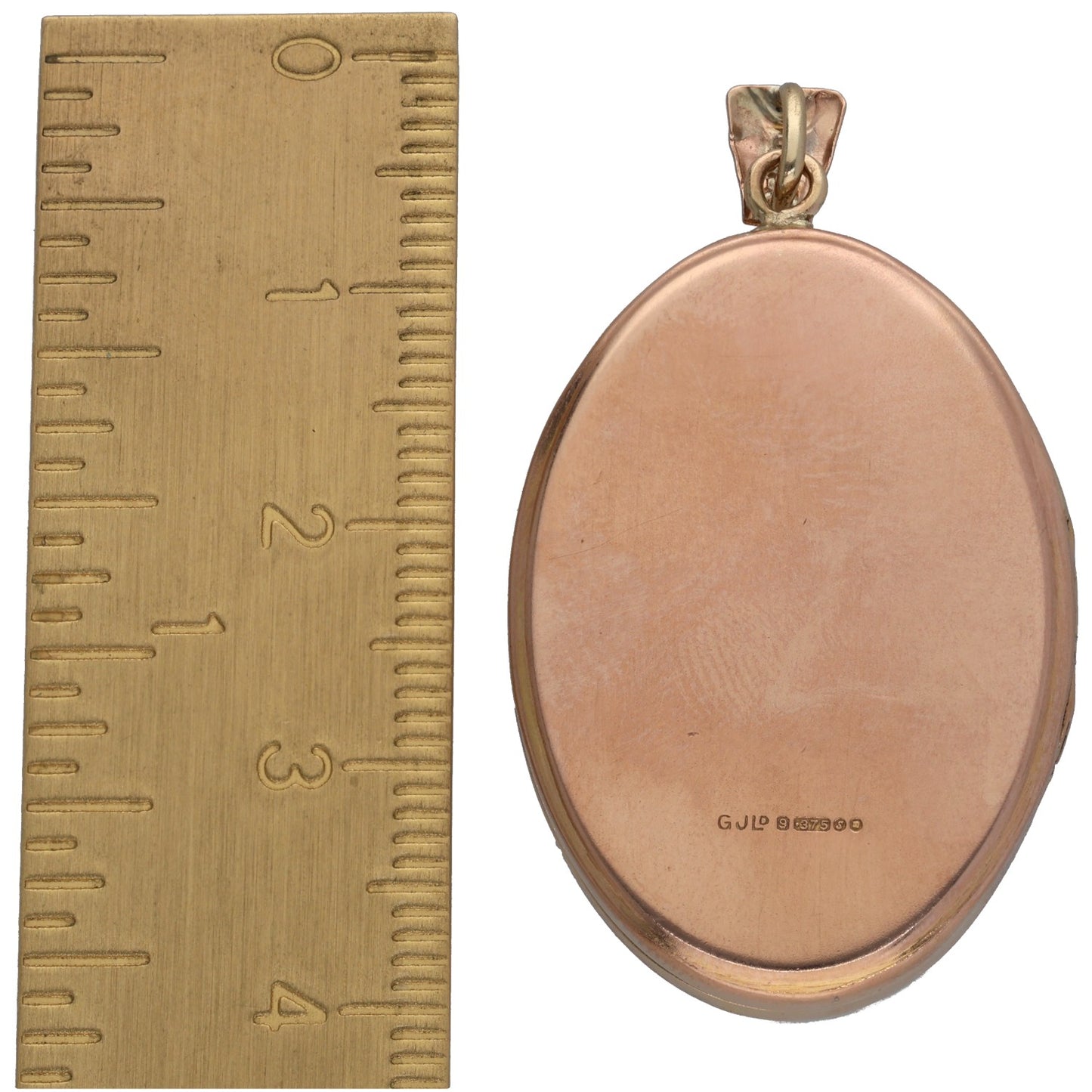 9ct gold patterned locket pendant, oval back with bail and stamped marks