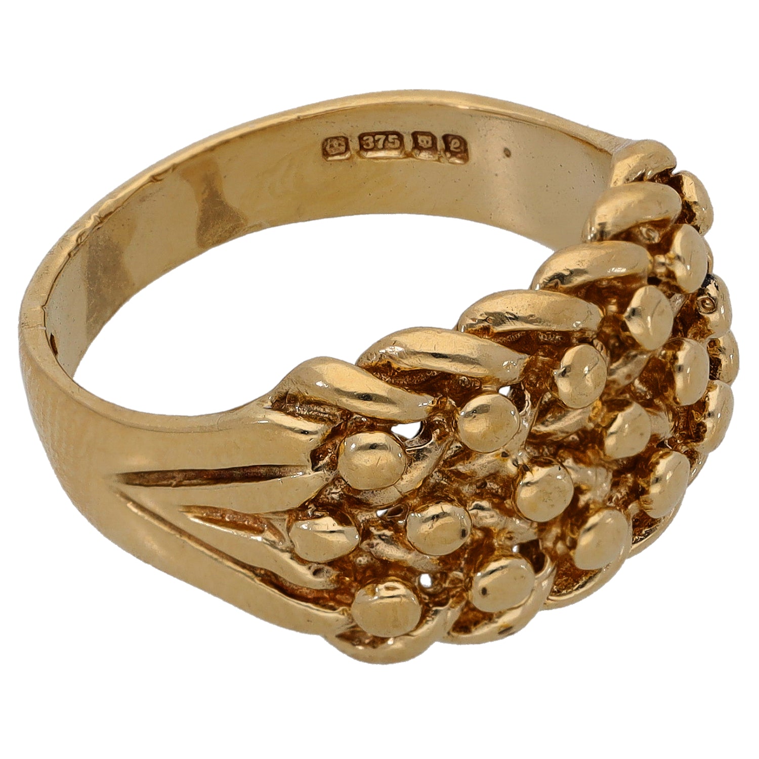 9ct gold keeper ring, stamped 375 on inner band, with bead-clustered top