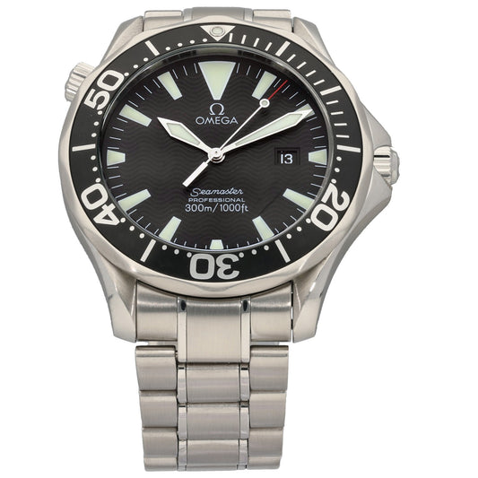 Omega Seamaster 2264.50.00 stainless steel diver watch with black dial, bezel, and metal bracelet
