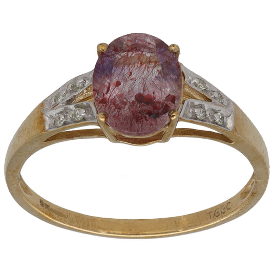 9ct Gold Quartz & 0.04ct Diamond Single Stone Ring With Accents Size R