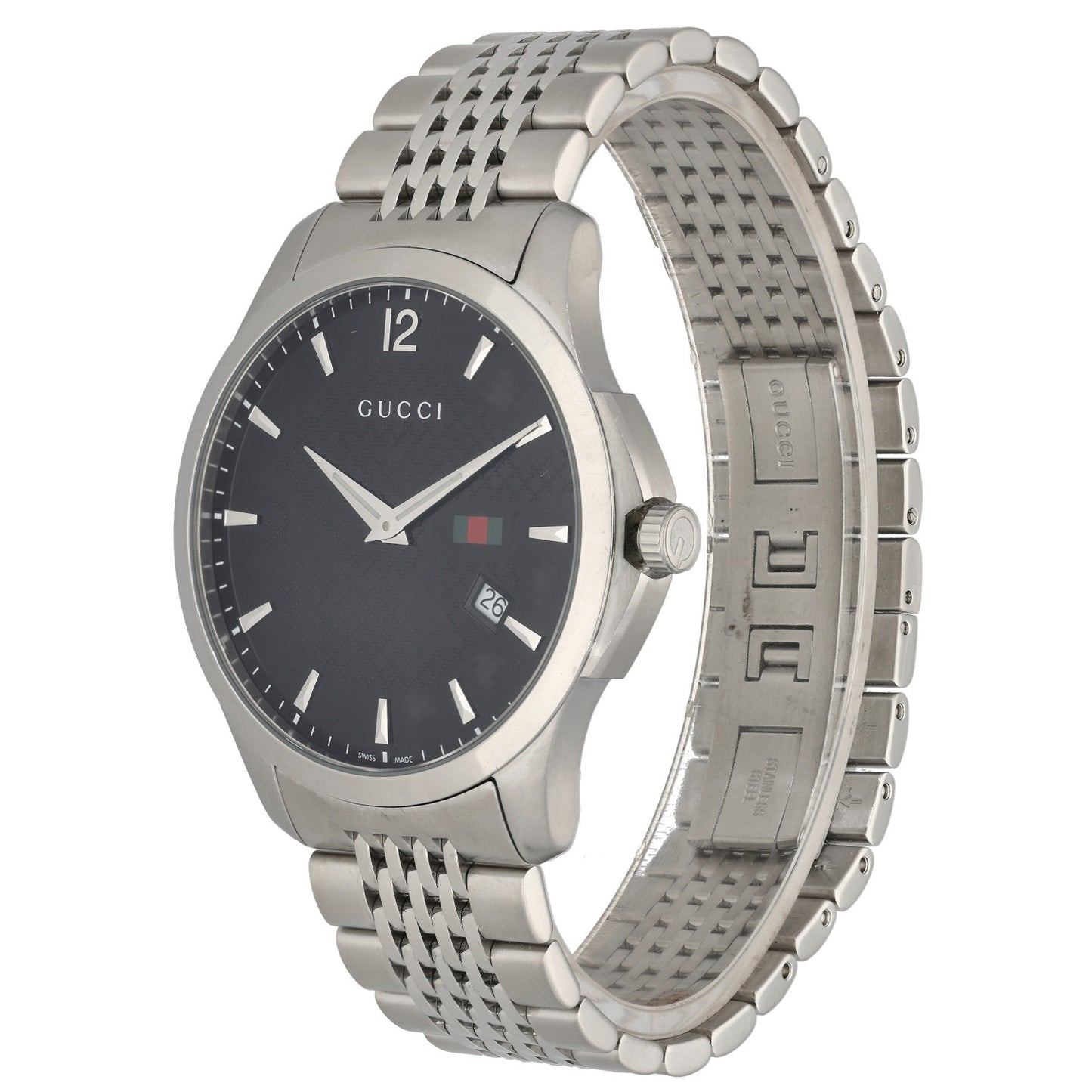 Gucci G-Timeless 126.3, black dial with small Gucci colour logo, angled image showing inside bracelet