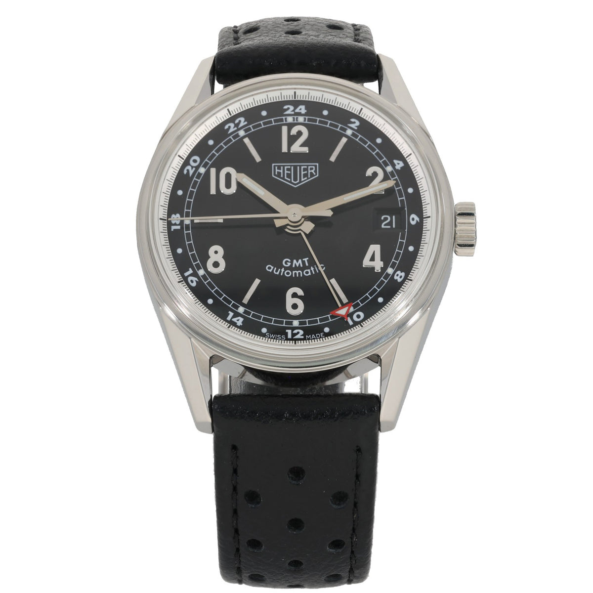 Tag Heuer Carrera GMT WS2113, black dial in stainless steel case and adjustable black leather bracelet