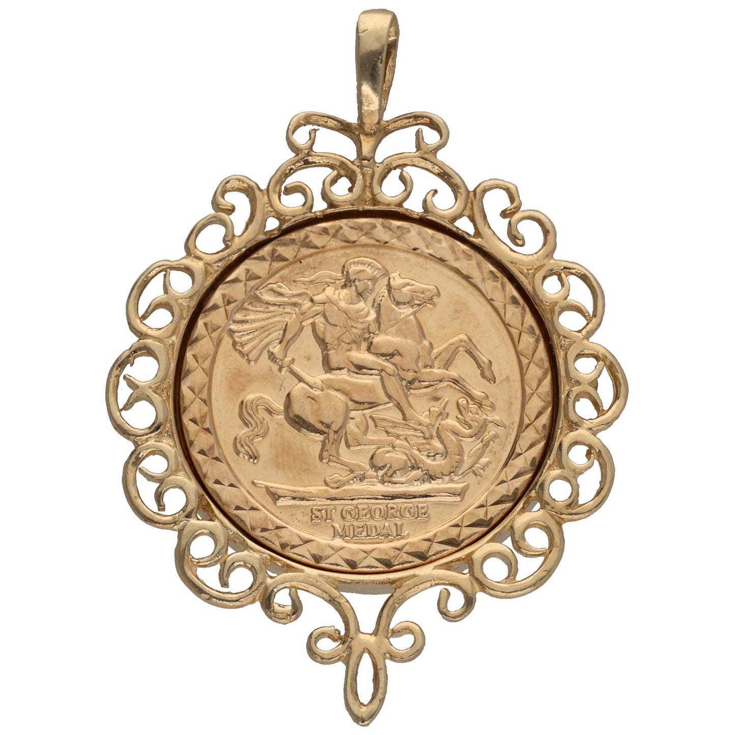 9ct gold St George pendant with ornate filigree frame and horseman medallion