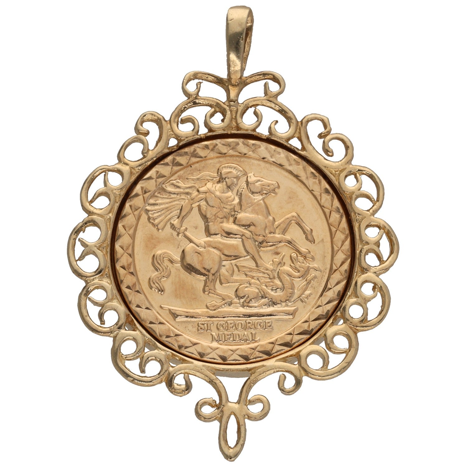 9ct gold St George pendant with ornate filigree frame and horseman medallion