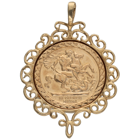 9ct gold St George pendant with ornate filigree frame and horseman medallion