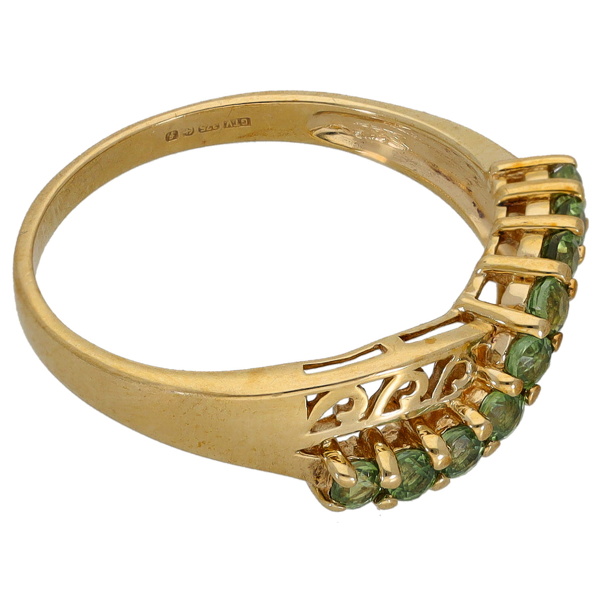 9ct gold band with half-eternity row of green gemstones, side profile