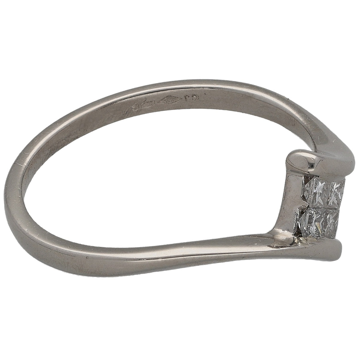 Platinum ring featuring princess-cut diamond cluster on a tapered open shank
