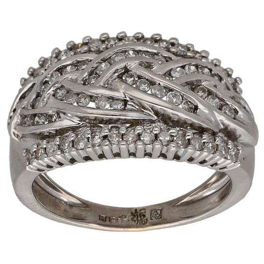 White gold diamond dress ring, size K, raised crisscross with round stones