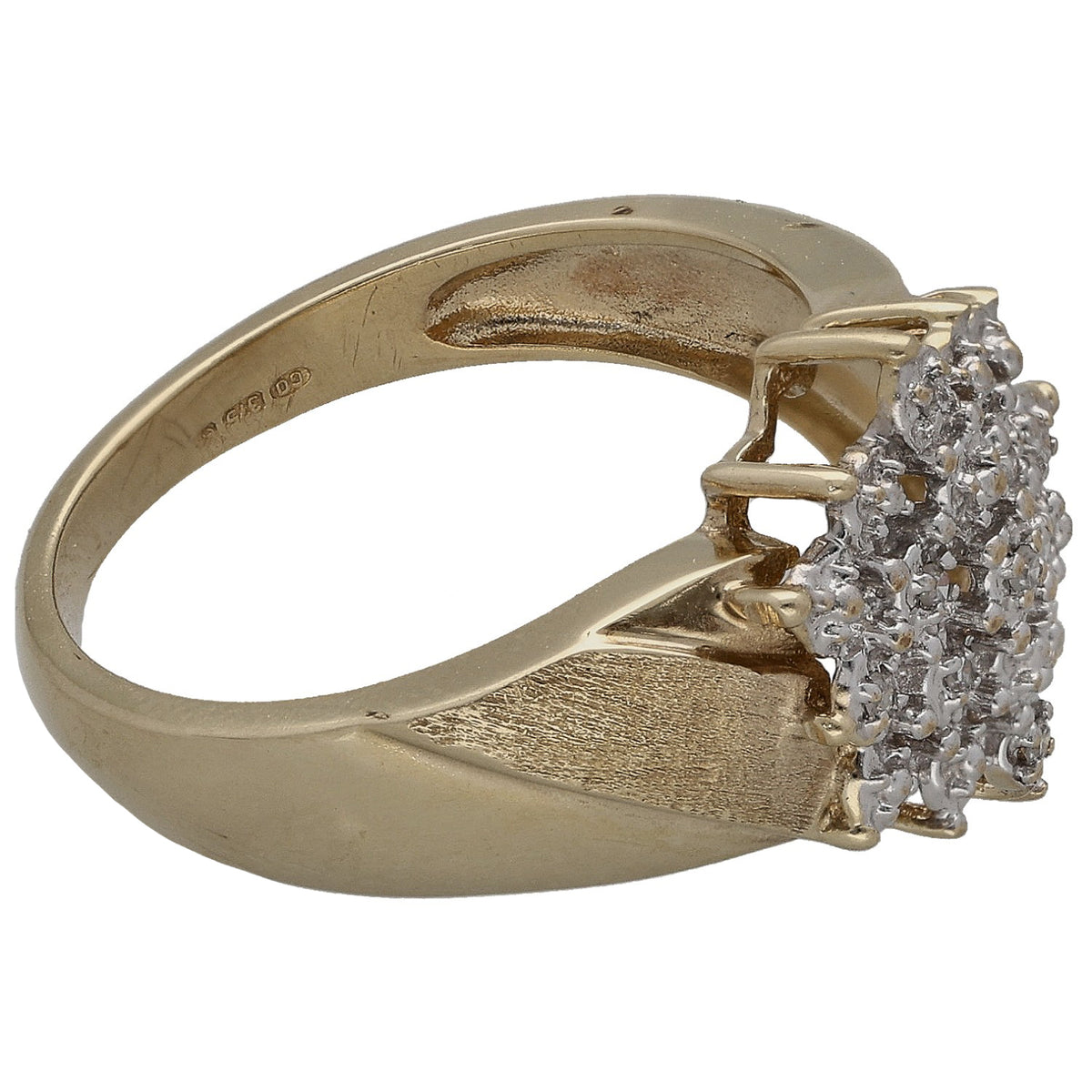 9ct gold diamond cluster ring side view with prong-set round stones