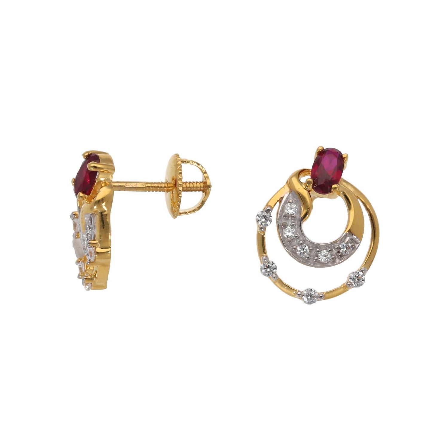 22ct Gold Screw Back Stud Earrings With Swarovski Zirconia & Red Stones