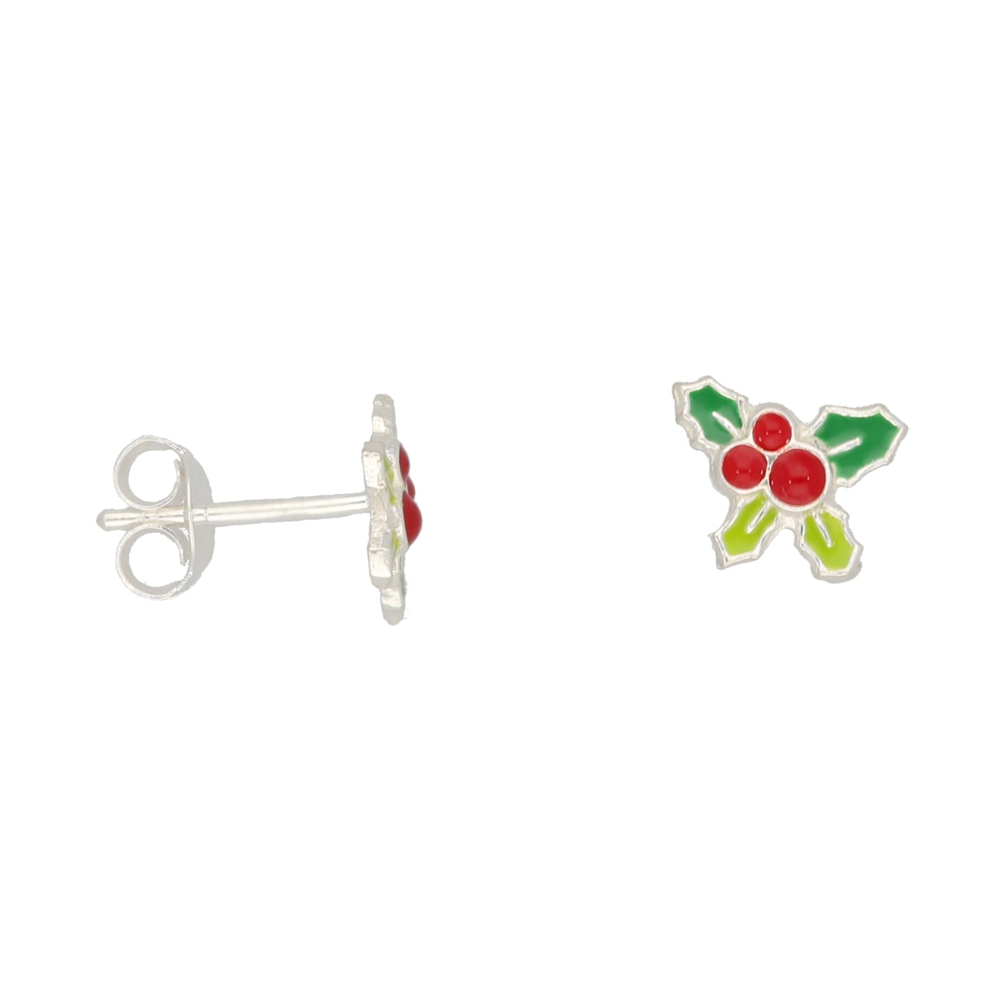 Sterling Silver Christmas Holly Stud Earrings