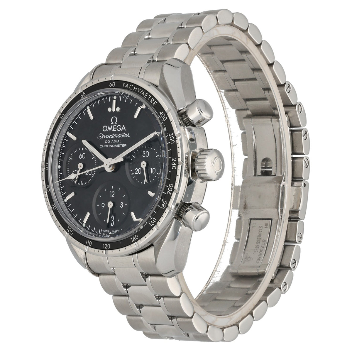 Omega Speedmaster 324.30.38.50.01.001,  black dial, with 38mm stainless steel case and link bracelet, front angle