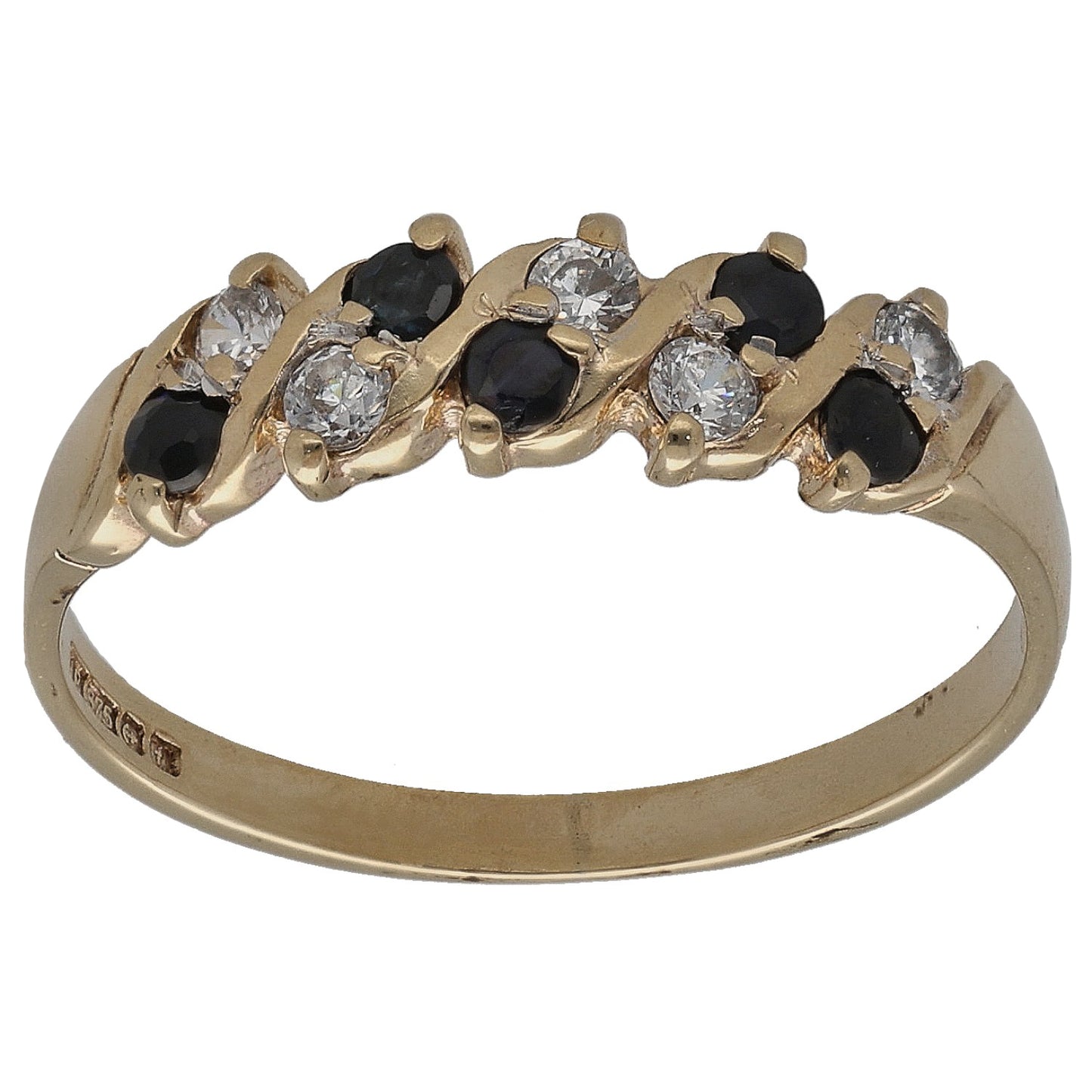 9ct gold half-eternity ring with alternating dark stones and clear CZs in prong settings
