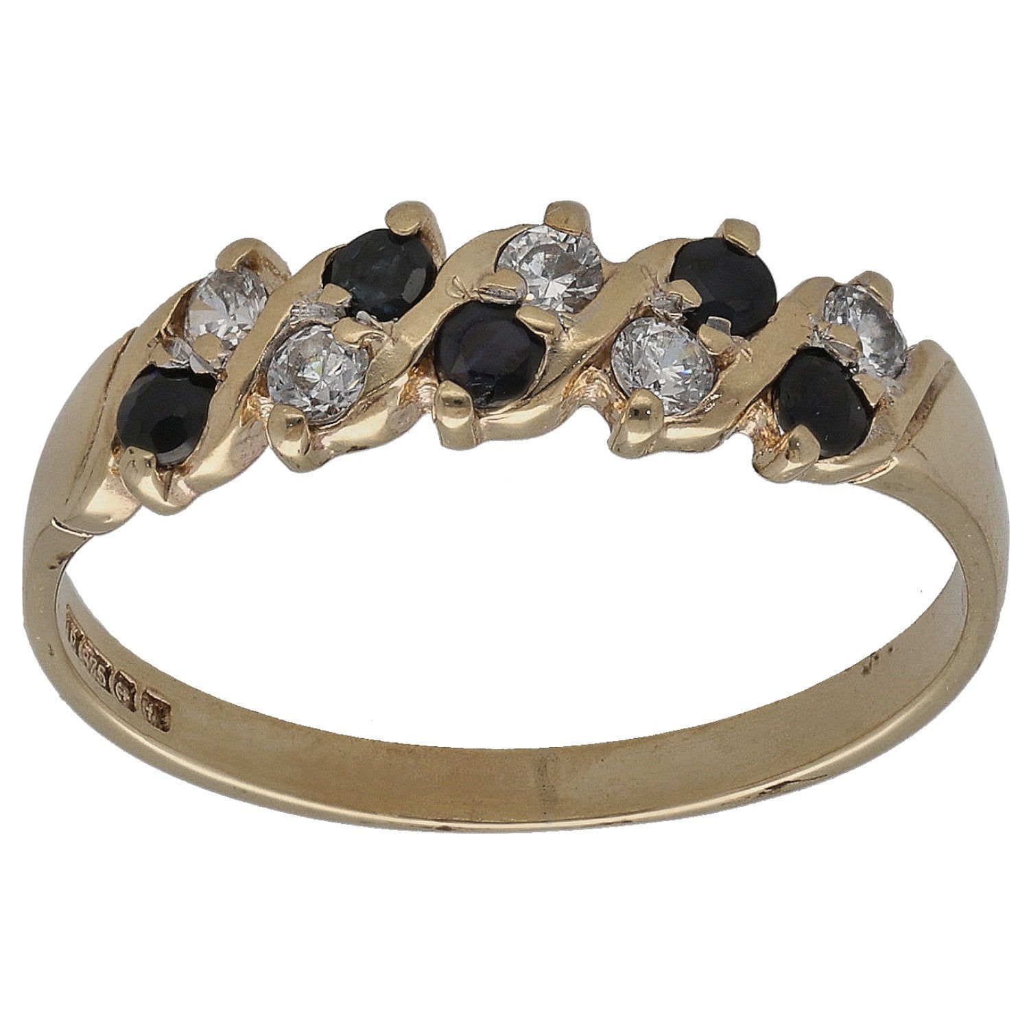 9ct gold half-eternity ring with alternating dark stones and clear CZs in prong settings