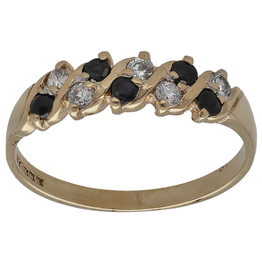 9ct gold half-eternity ring with alternating dark stones and clear CZs in prong settings