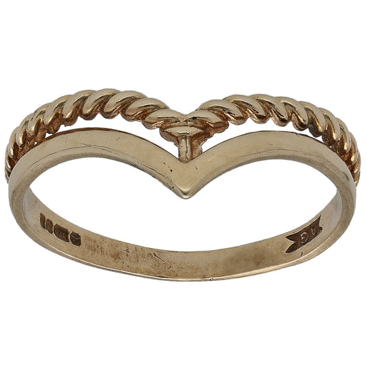 9ct gold wishbone ring with twisted wire band and open heart top
