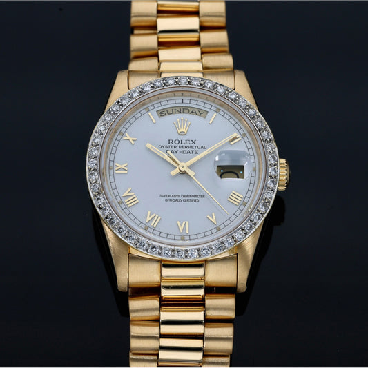 Custom Rolex Day-Date 18238, white dial and gold case and bracelet, front image