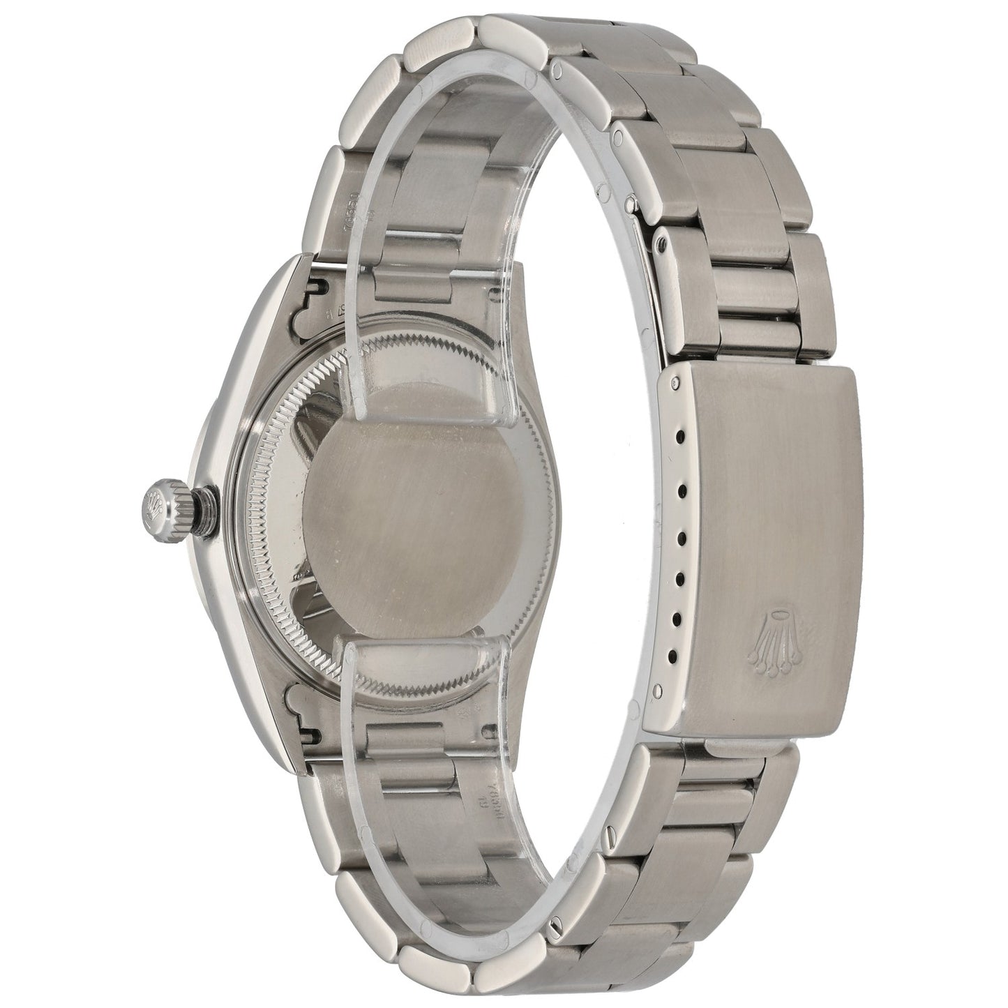 Stainless steel Rolex Air King 14000 wristwatch caseback view with crown and metal bracelet