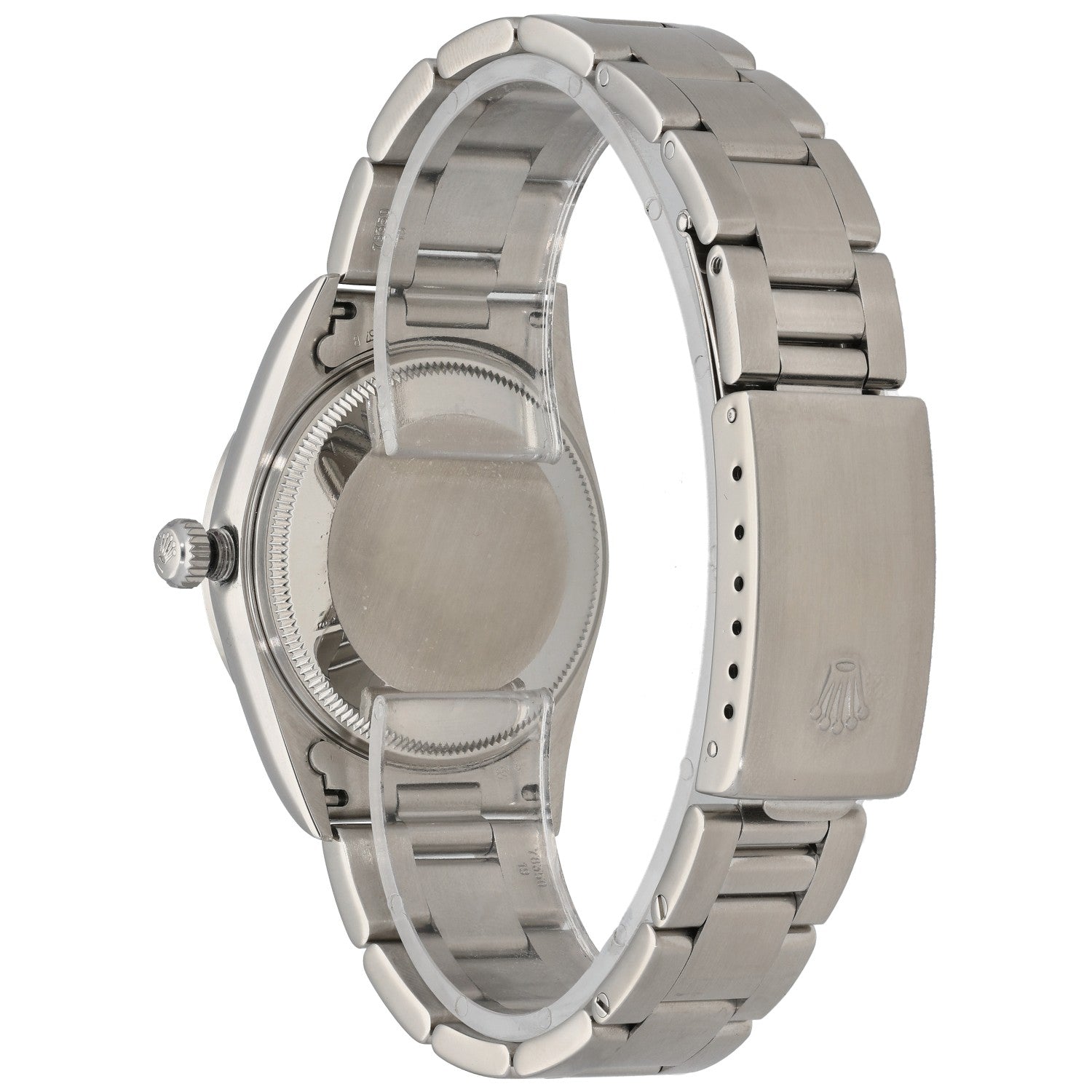 Stainless steel Rolex Air King 14000 wristwatch caseback view with crown and metal bracelet