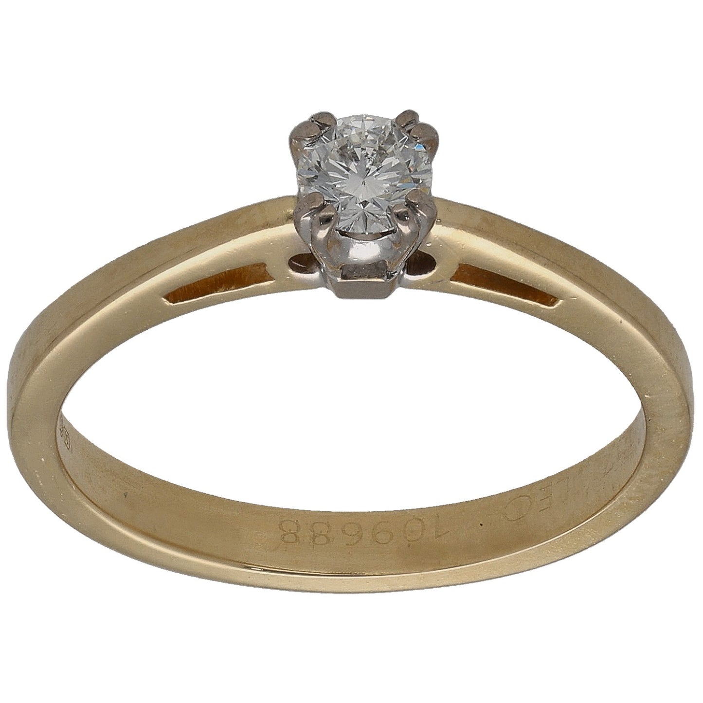 Gold diamond solitaire ring with round stone in claw setting, front view