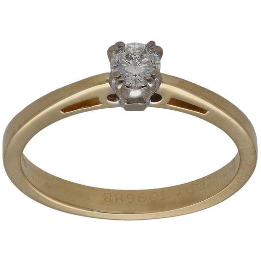 Gold diamond solitaire ring with round stone in claw setting, front view