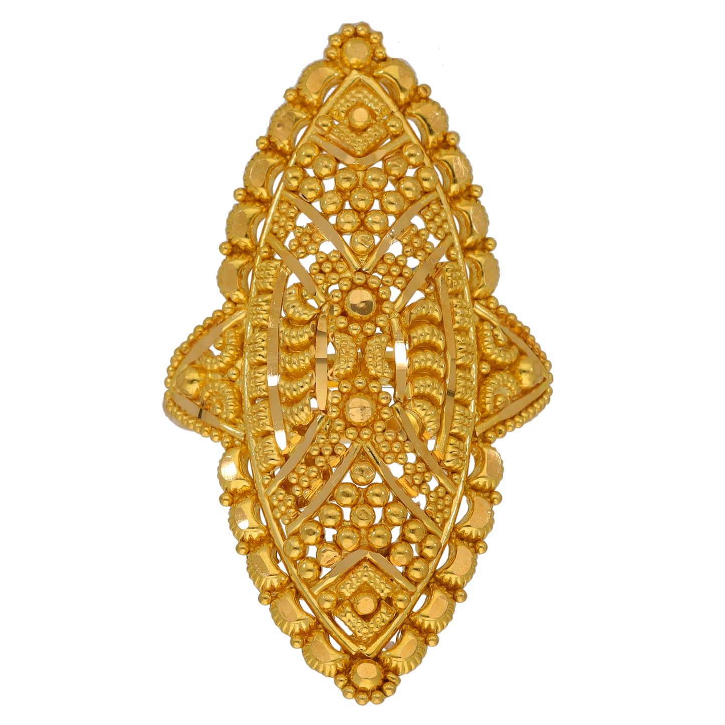 Gold-toned filigree teardrop ring with openwork beads and lattice pattern
