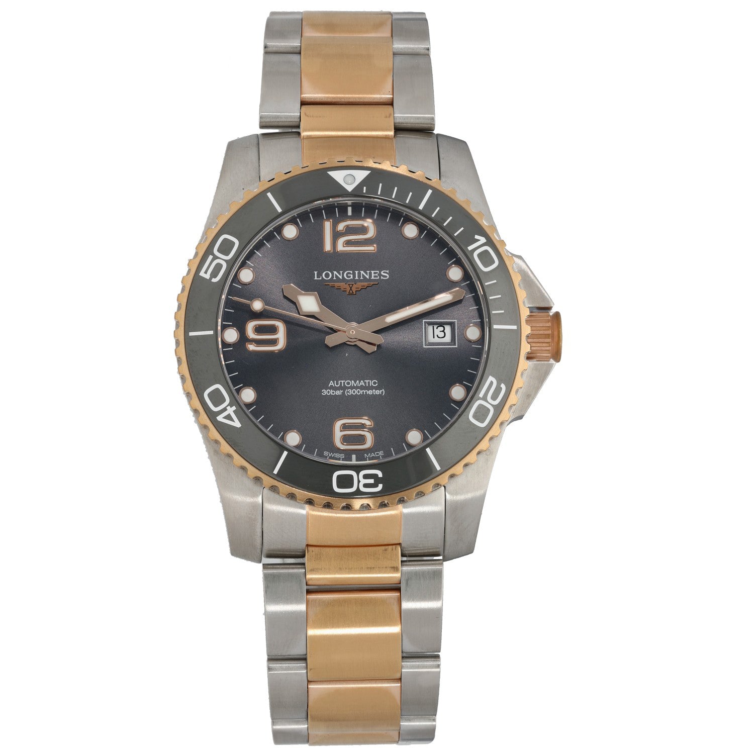 Longines Hydro Conquest L3.781.3 stainless steel diver watch with black dial and gold bezel.