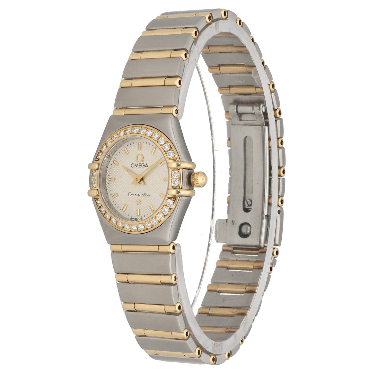 Omega Constellation 1267.30.00, cream dial with diamond set bezel and bi-colour bracelet, front angle image