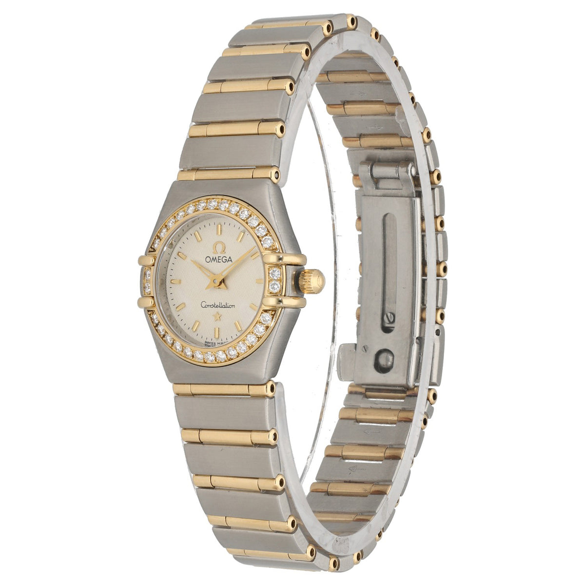 Omega Constellation 1267.30.00, cream dial with diamond set bezel and bi-colour bracelet, front angle image