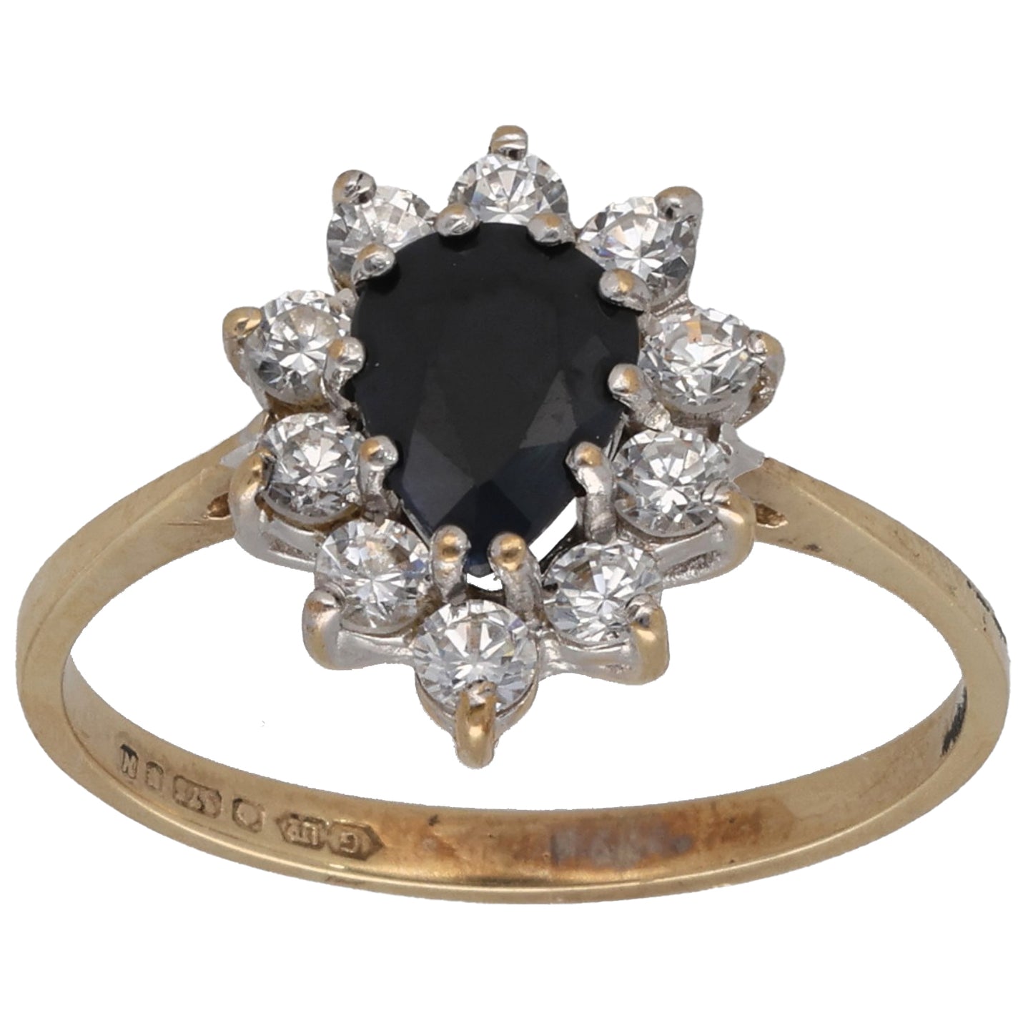 9ct gold cocktail ring with dark oval center and clear crystal halo