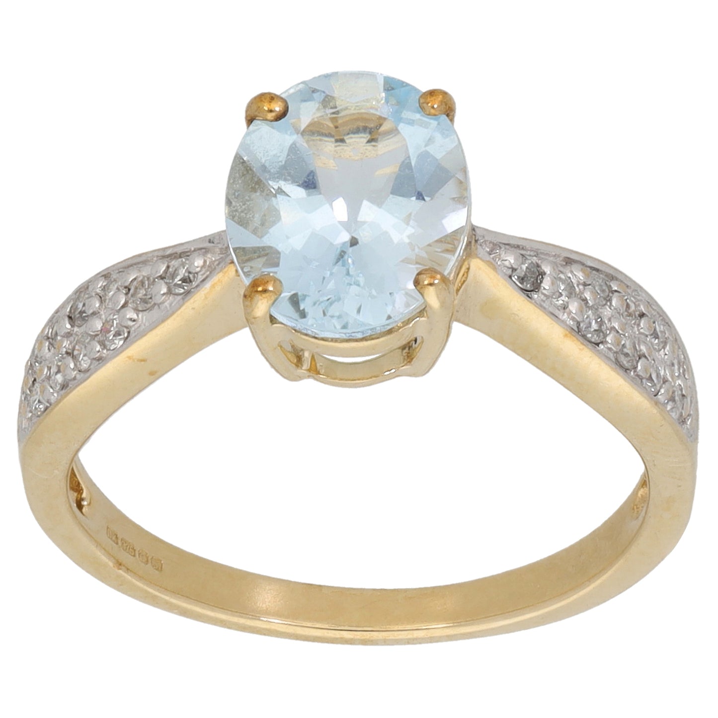 9ct Gold Aquamarine & 0.11ct Diamond Single Stone Ring with Accent Stones Size M