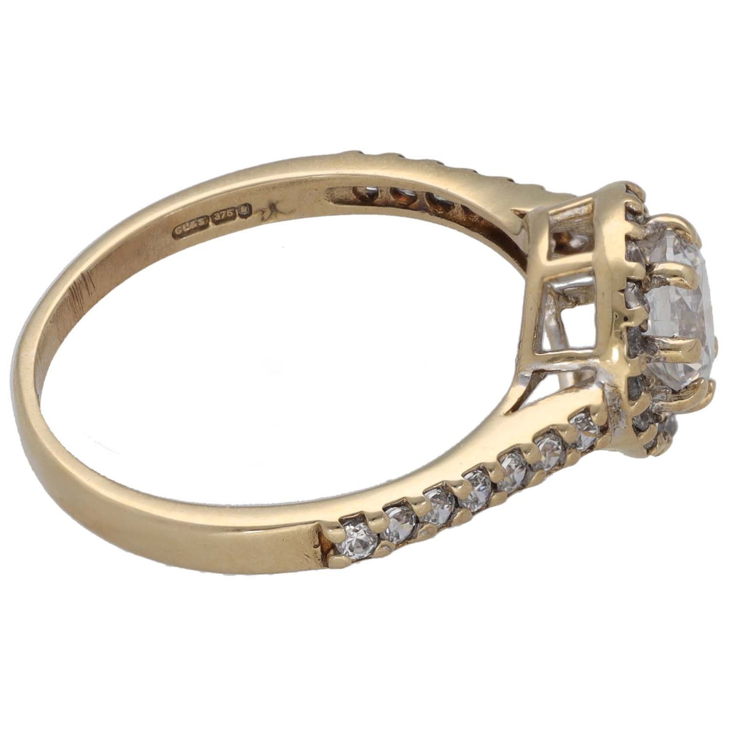 9ct gold CZ ring (size N) with side-set halo stones and engraved inner band