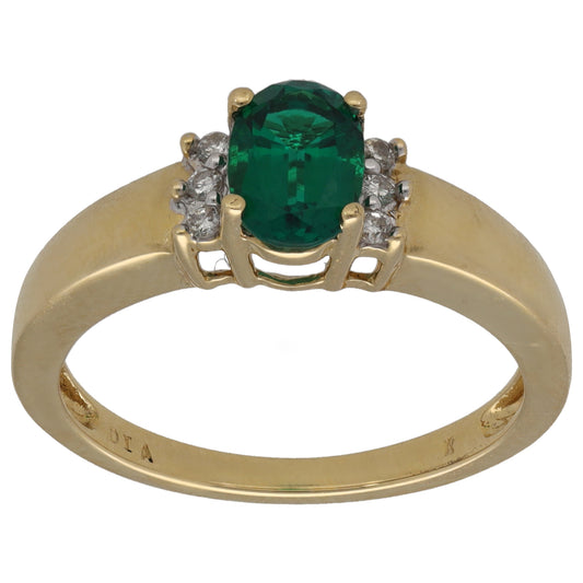 18ct Gold Man Made Emerald & 0.03ct Diamond Single Stone Ring With Accents Size N
