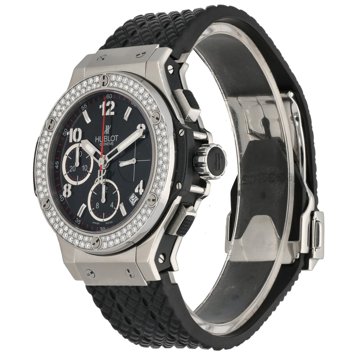 Hublot Big Bang 342.SX.130.RX.114. black dial with sub dials in stainless steel case with black rubber bracelet, front angle