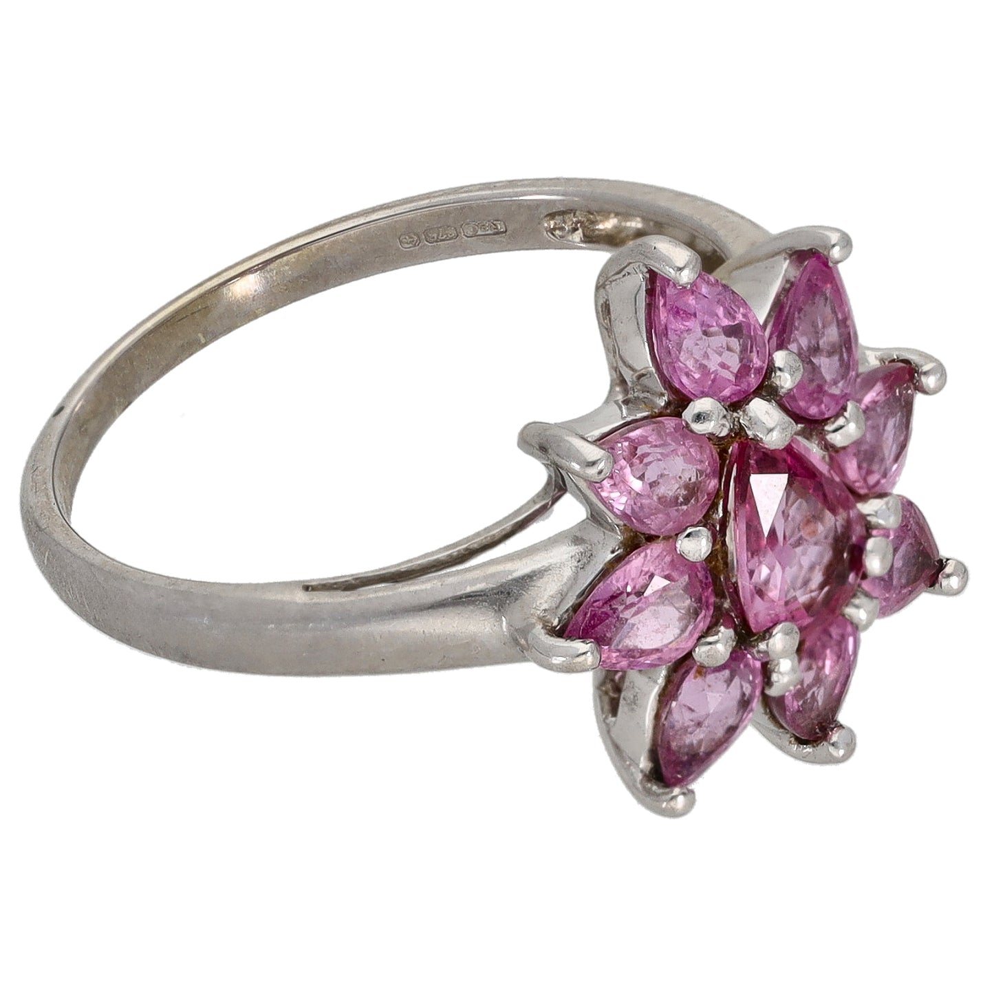 White gold pink gemstone cocktail ring with marquise cluster, side view