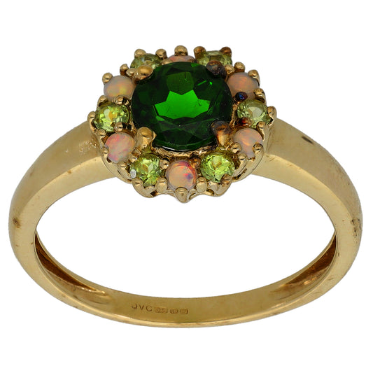9ct gold cocktail ring with emerald-green center and pink opal stones, halo