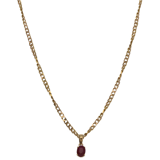 9ct Gold Glass Filled Ruby Single Stone Pendant With Chain