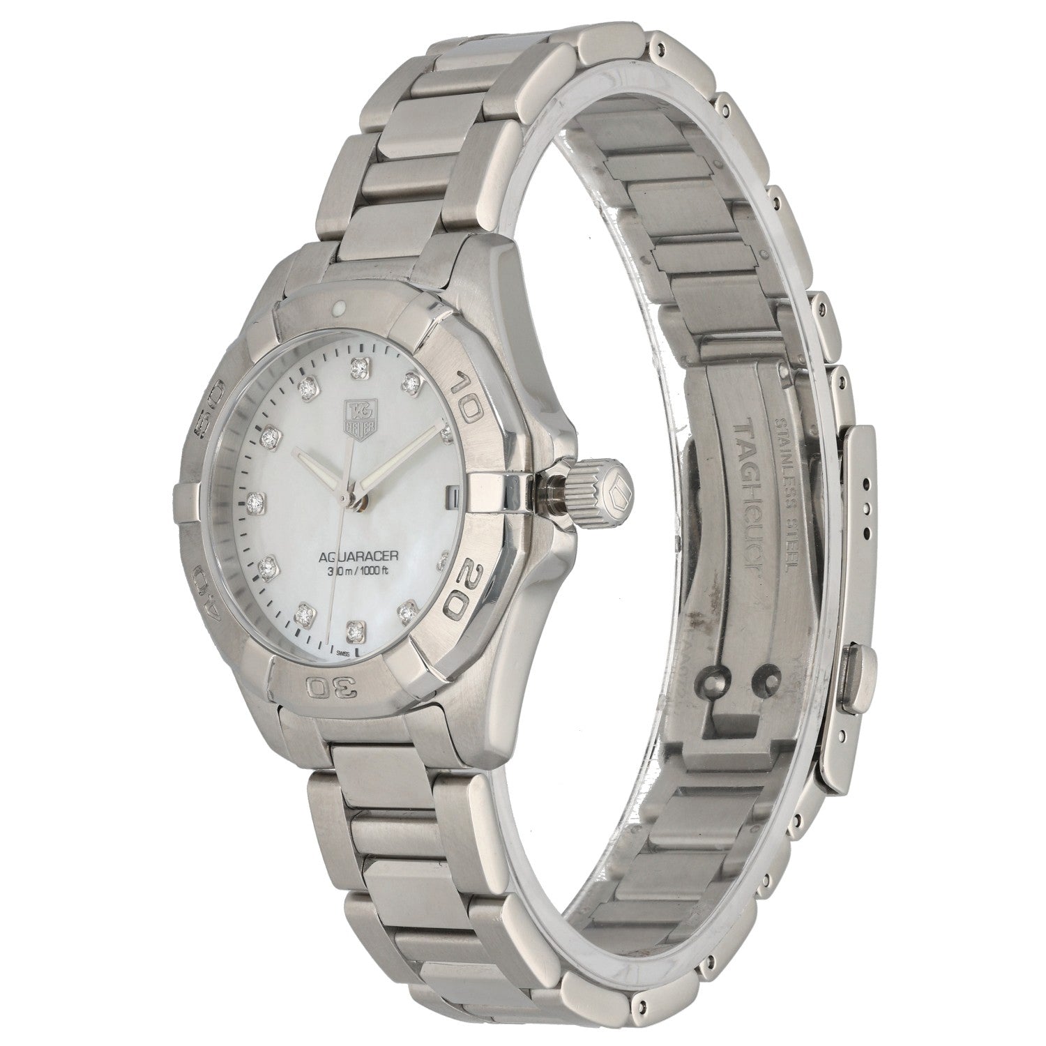 Tag Heuer Aquaracer WAY1313, white mother of pearl dial, stainless steel, front  angle image