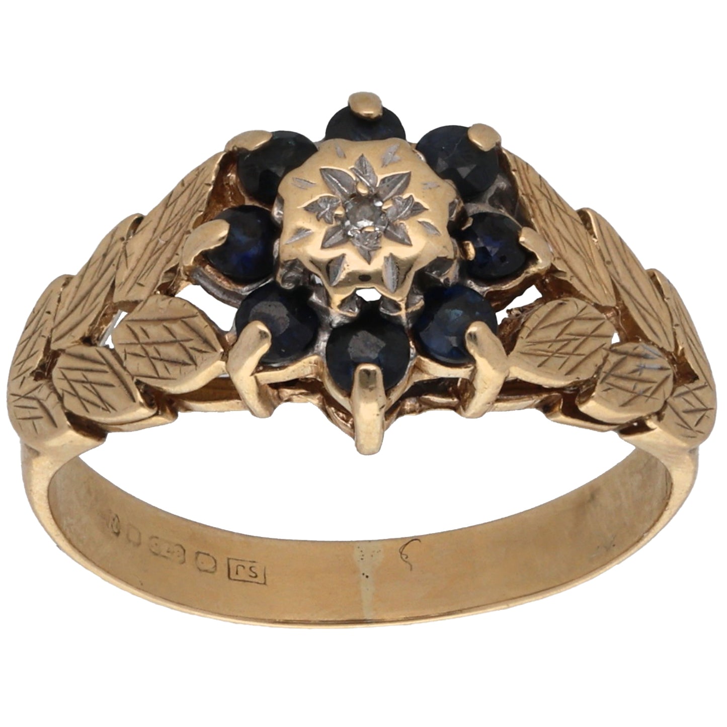 9ct Gold Sapphire & 0.005ct Diamond Cluster Ring Size L